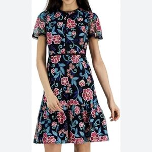 Tahari ASL Black Floral Embroidered Dress